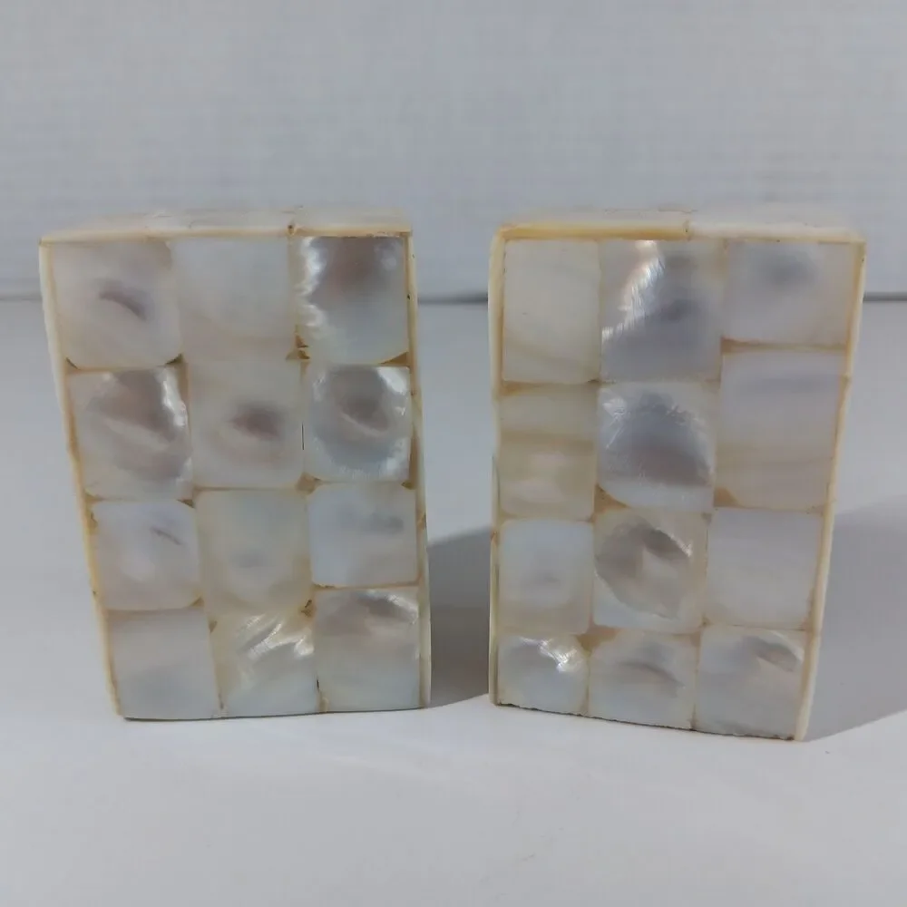 Vtg Mother Of Pearl Salt And Pepper Shakers Mosaic Block Iridescent Beach Decor